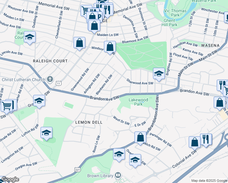 map of restaurants, bars, coffee shops, grocery stores, and more near 1552 Terrace Road Southwest in Roanoke