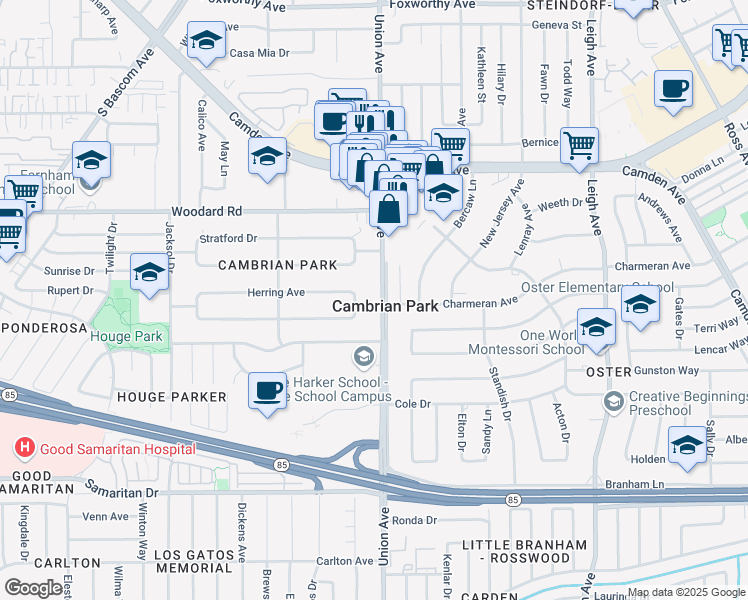 map of restaurants, bars, coffee shops, grocery stores, and more near 14553 Union Avenue in San Jose