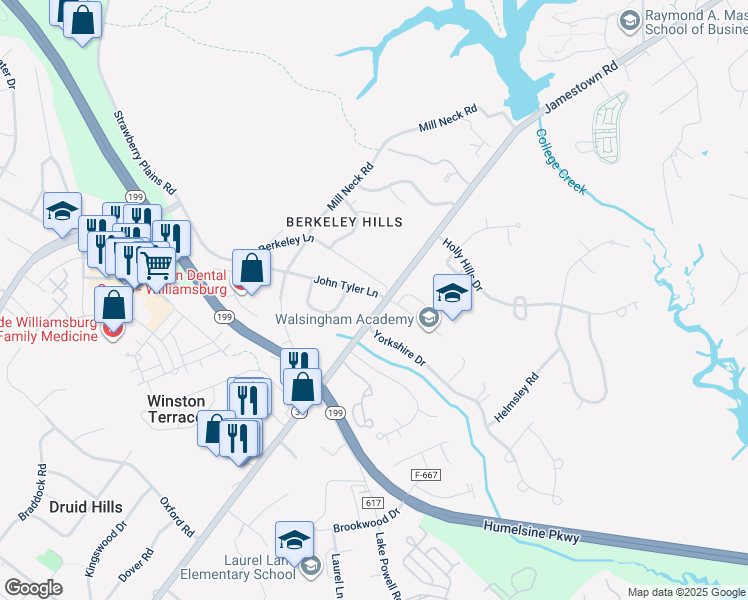 map of restaurants, bars, coffee shops, grocery stores, and more near 1101 Jamestown Road in Williamsburg