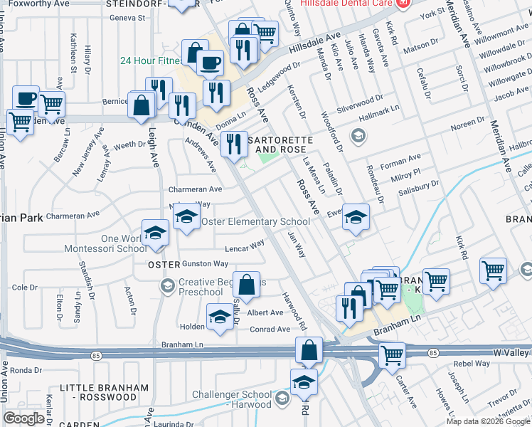 map of restaurants, bars, coffee shops, grocery stores, and more near 4180 Camden Avenue in San Jose