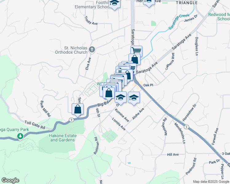 map of restaurants, bars, coffee shops, grocery stores, and more near 14510 Big Basin Way in Saratoga
