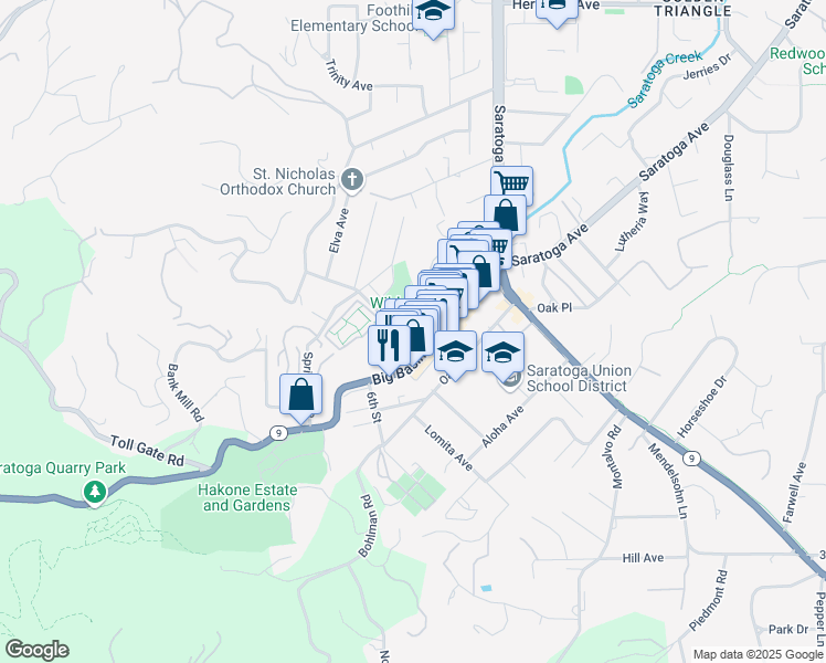 map of restaurants, bars, coffee shops, grocery stores, and more near 20649 4th Street in Saratoga