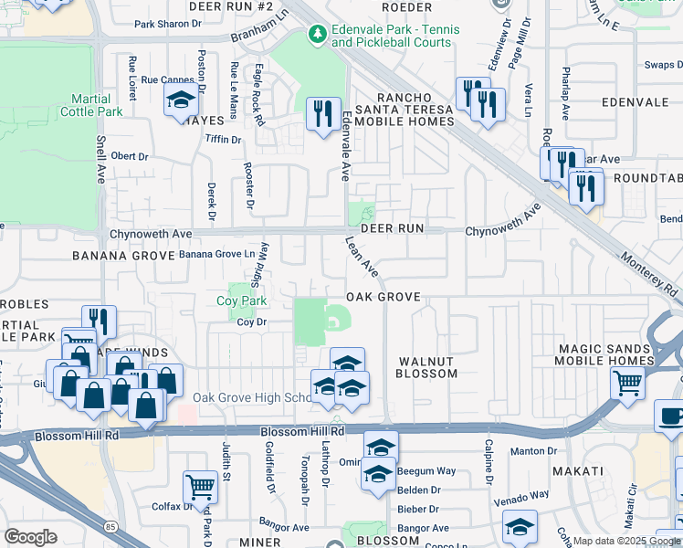 map of restaurants, bars, coffee shops, grocery stores, and more near 5365 Larch Grove Place in San Jose