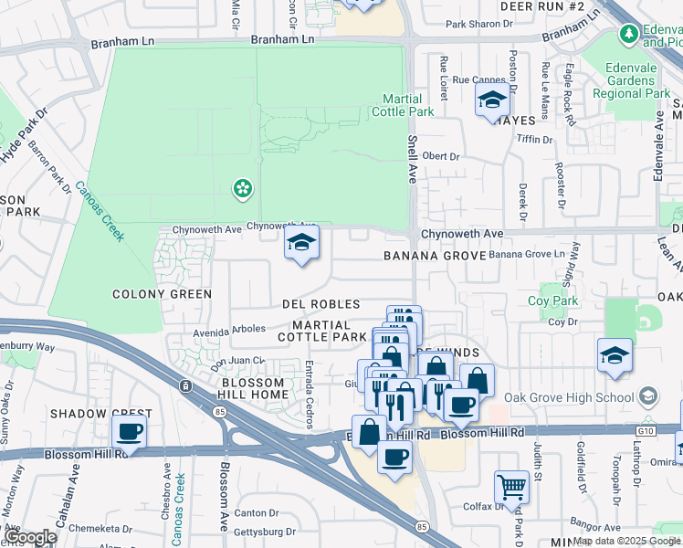 map of restaurants, bars, coffee shops, grocery stores, and more near 346 Avenida Nogales in San Jose