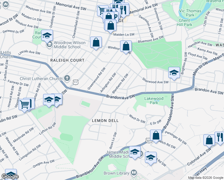 map of restaurants, bars, coffee shops, grocery stores, and more near 1912 Blenheim Road Southwest in Roanoke