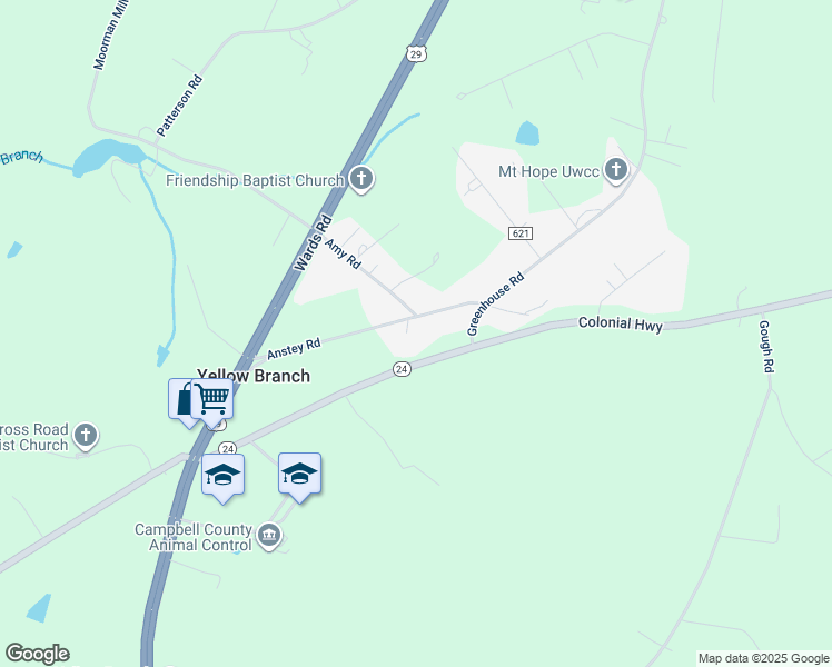 map of restaurants, bars, coffee shops, grocery stores, and more near 359 Anstey Road in Rustburg