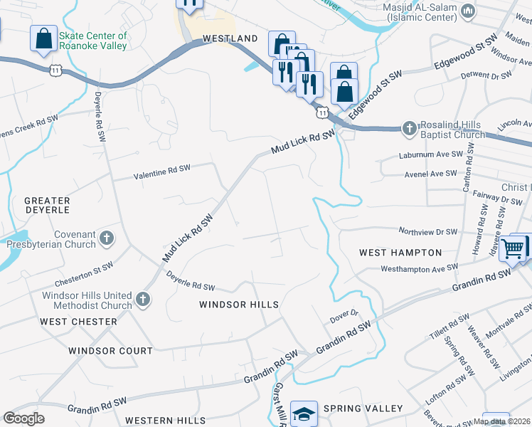 map of restaurants, bars, coffee shops, grocery stores, and more near 2067 Lee Hi Road Southwest in Roanoke