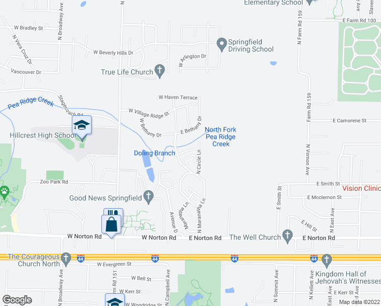 map of restaurants, bars, coffee shops, grocery stores, and more near 3195 North Circle Lane in Springfield