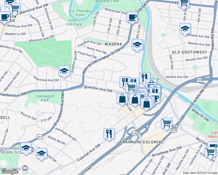 map of restaurants, bars, coffee shops, grocery stores, and more near 751 Brandon Avenue Southwest in Roanoke