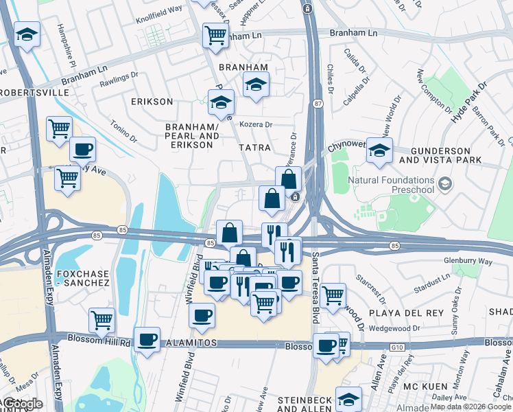 map of restaurants, bars, coffee shops, grocery stores, and more near 2 Pearl Avenue in San Jose