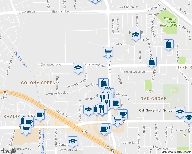 map of restaurants, bars, coffee shops, grocery stores, and more near 330 Avenida Nogales in San Jose