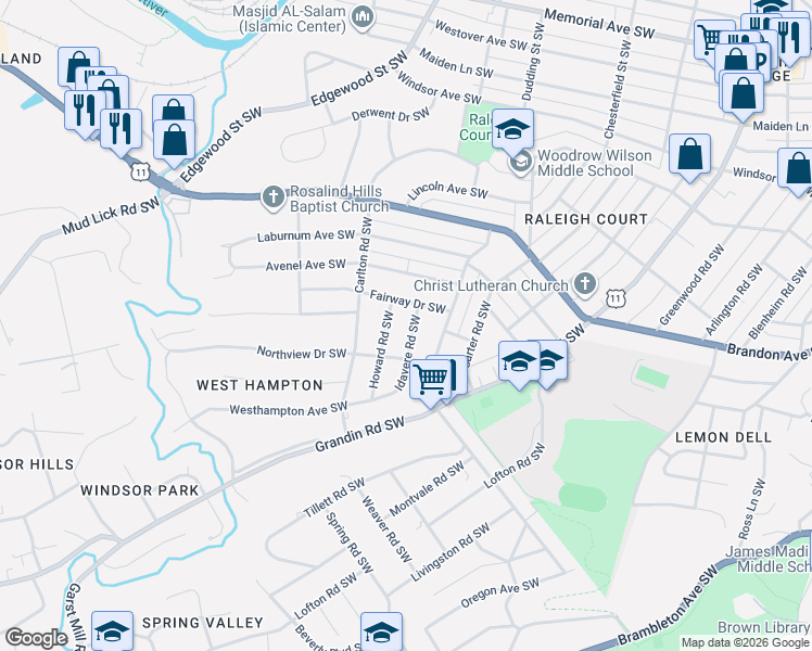 map of restaurants, bars, coffee shops, grocery stores, and more near 2328 Idavere Rd SW in Roanoke