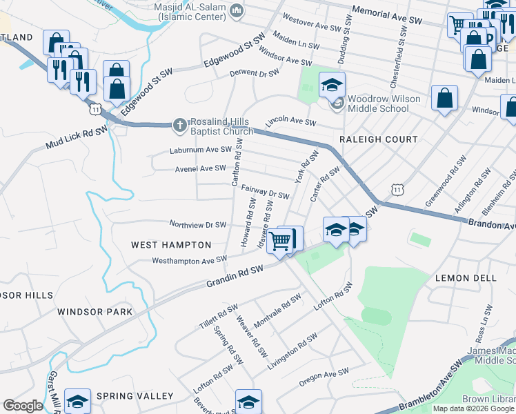 map of restaurants, bars, coffee shops, grocery stores, and more near 2333 Howard Road Southwest in Roanoke