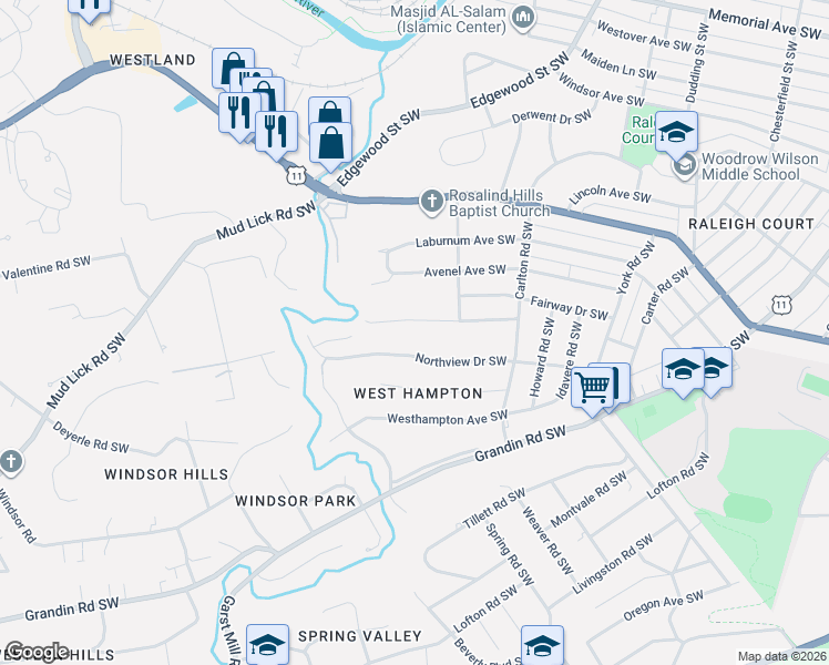 map of restaurants, bars, coffee shops, grocery stores, and more near 2712 Northview Drive Southwest in Roanoke