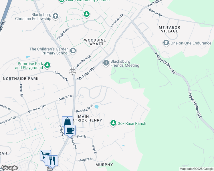map of restaurants, bars, coffee shops, grocery stores, and more near 302 Heartwood Crossing in Blacksburg