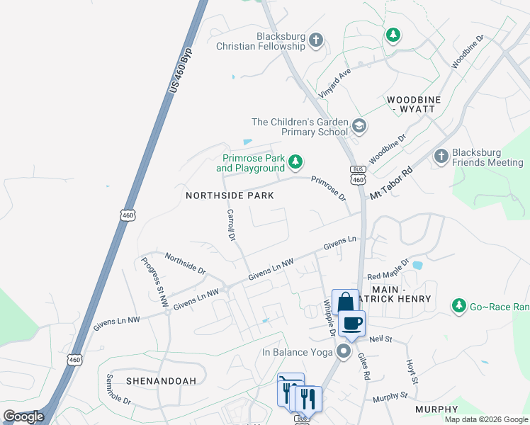 map of restaurants, bars, coffee shops, grocery stores, and more near 200 Craig Drive in Blacksburg