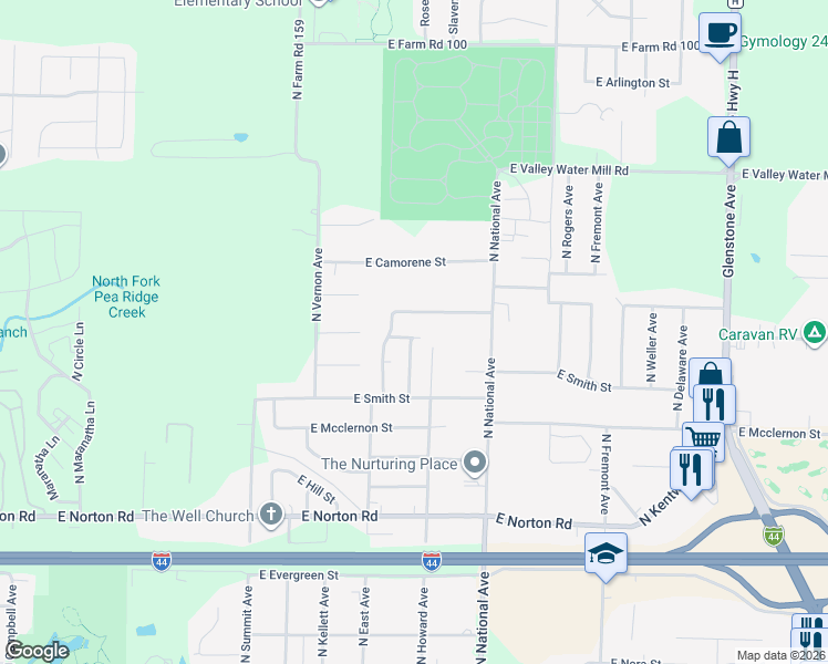 map of restaurants, bars, coffee shops, grocery stores, and more near 1028 East Caravan Street in Springfield