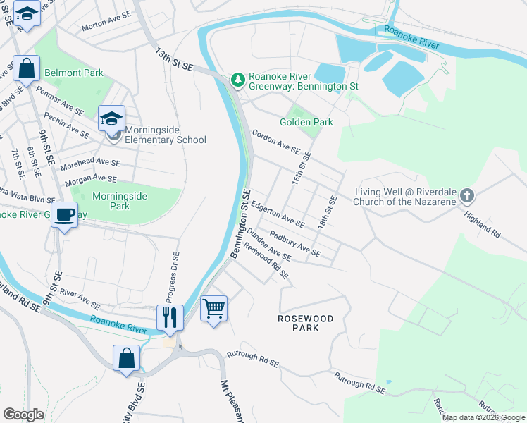 map of restaurants, bars, coffee shops, grocery stores, and more near 1819 Jerome Street Southeast in Roanoke