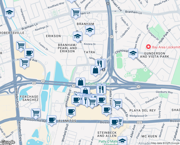 map of restaurants, bars, coffee shops, grocery stores, and more near 2 Pearl Avenue in San Jose