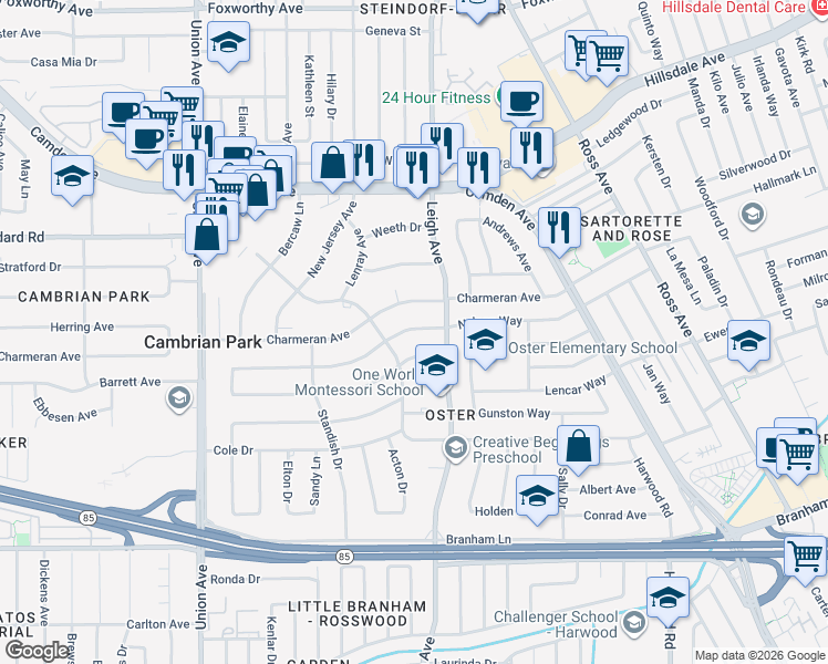 map of restaurants, bars, coffee shops, grocery stores, and more near 2870 Joseph Avenue in San Jose