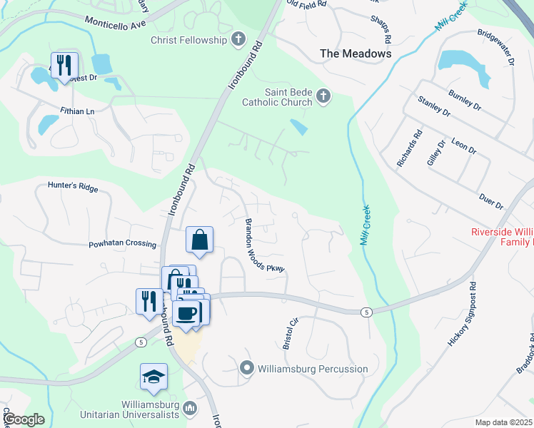 map of restaurants, bars, coffee shops, grocery stores, and more near 3504 Brentmoor in Williamsburg