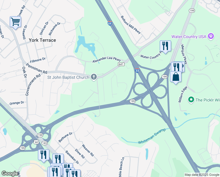 map of restaurants, bars, coffee shops, grocery stores, and more near 204 Old Hollow Road in Williamsburg