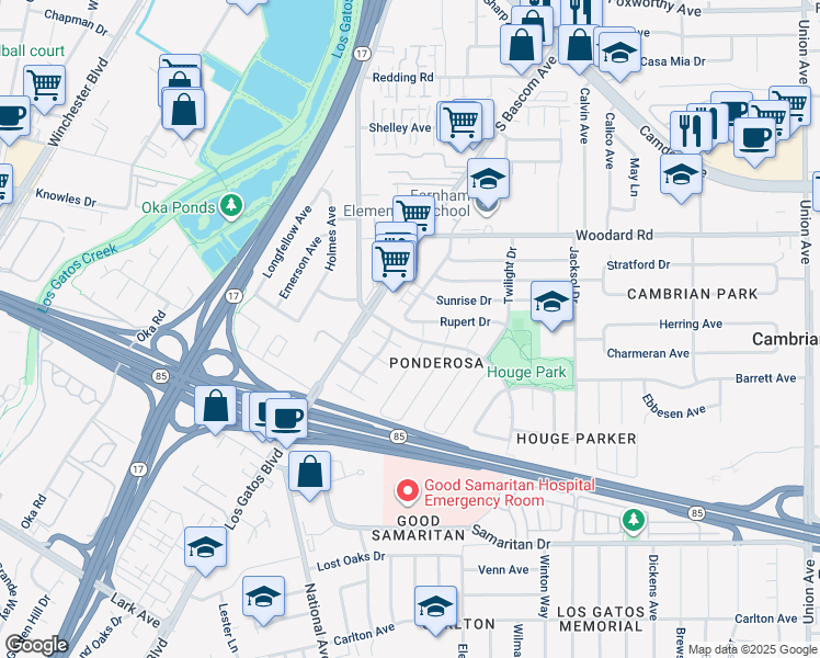 map of restaurants, bars, coffee shops, grocery stores, and more near 2380 Rupert Drive in San Jose