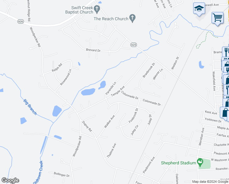 map of restaurants, bars, coffee shops, grocery stores, and more near 19404 Temple Avenue in Colonial Heights
