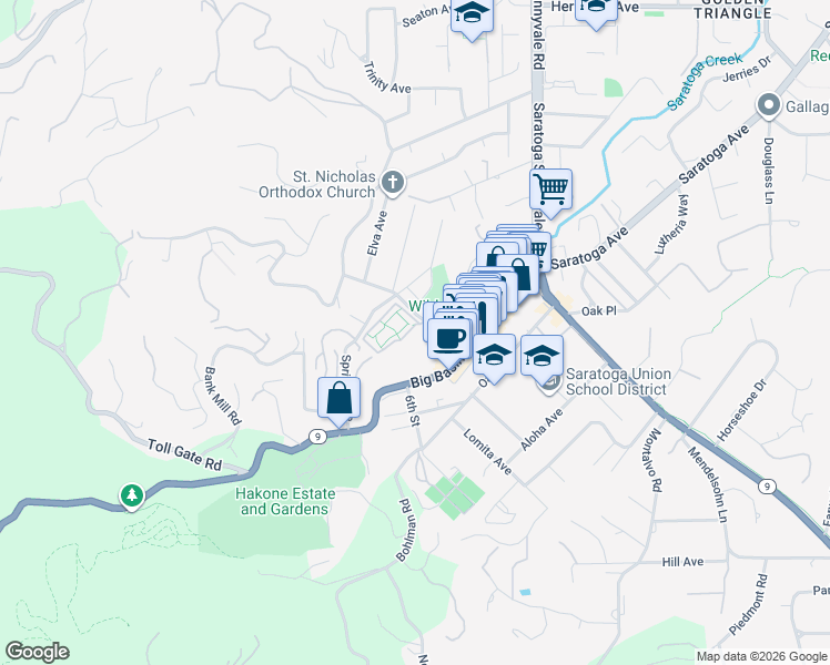 map of restaurants, bars, coffee shops, grocery stores, and more near 20810 4th Street in Saratoga