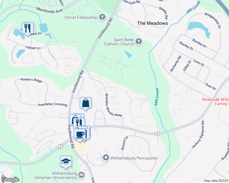 map of restaurants, bars, coffee shops, grocery stores, and more near 3504 Brentmoor in Williamsburg