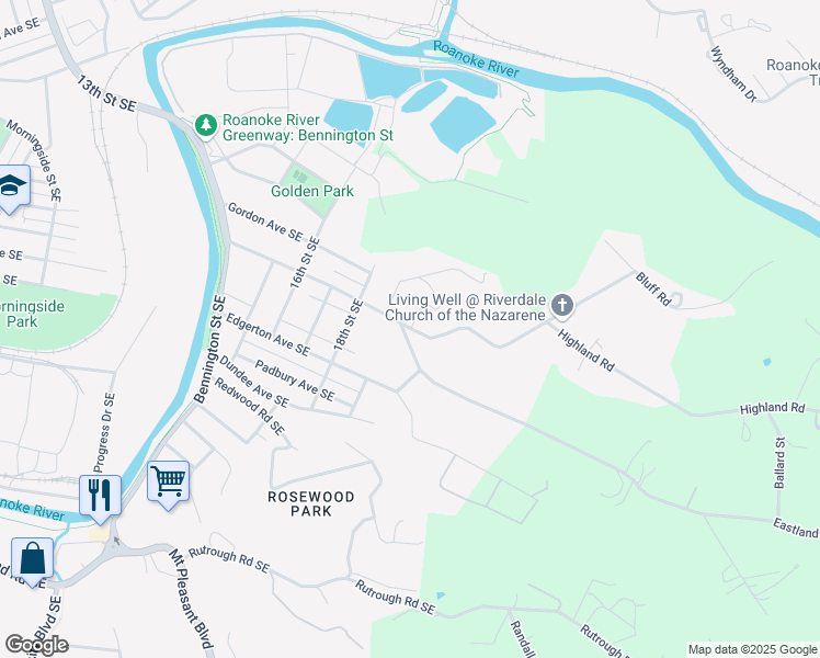 map of restaurants, bars, coffee shops, grocery stores, and more near 1999 Riverdale Road Southeast in Roanoke