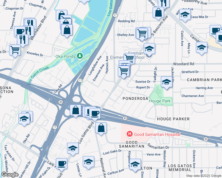 map of restaurants, bars, coffee shops, grocery stores, and more near 14566 South Bascom Avenue in Los Gatos