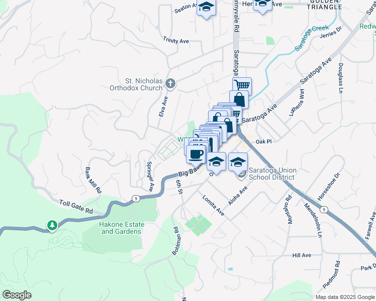 map of restaurants, bars, coffee shops, grocery stores, and more near 20649 4th Street in Saratoga