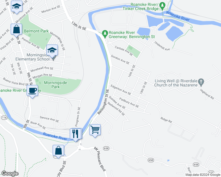 map of restaurants, bars, coffee shops, grocery stores, and more near 1814 Bennington Street Southeast in Roanoke