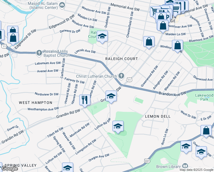 map of restaurants, bars, coffee shops, grocery stores, and more near 2025 Avenel Avenue Southwest in Roanoke