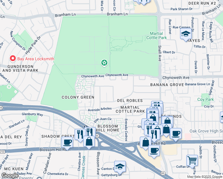 map of restaurants, bars, coffee shops, grocery stores, and more near 367 Avenida Manzanos in San Jose