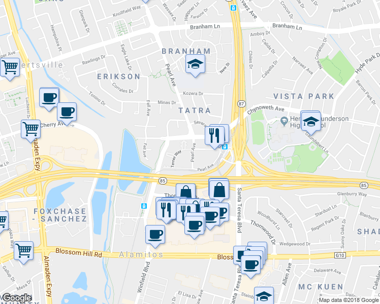 map of restaurants, bars, coffee shops, grocery stores, and more near 5230 Terner Way in San Jose