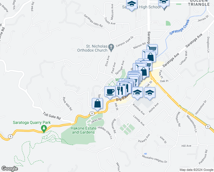 map of restaurants, bars, coffee shops, grocery stores, and more near 20760 4th Street in Saratoga