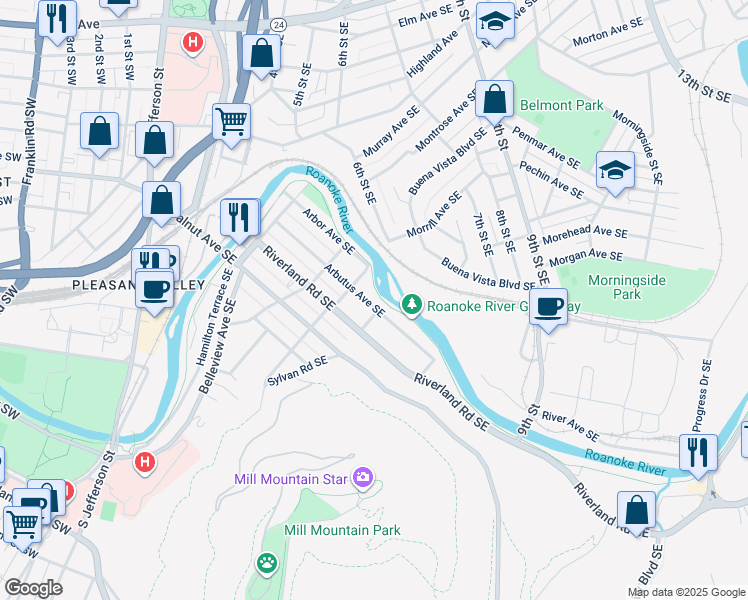 map of restaurants, bars, coffee shops, grocery stores, and more near 631 Arbutus Avenue Southeast in Roanoke