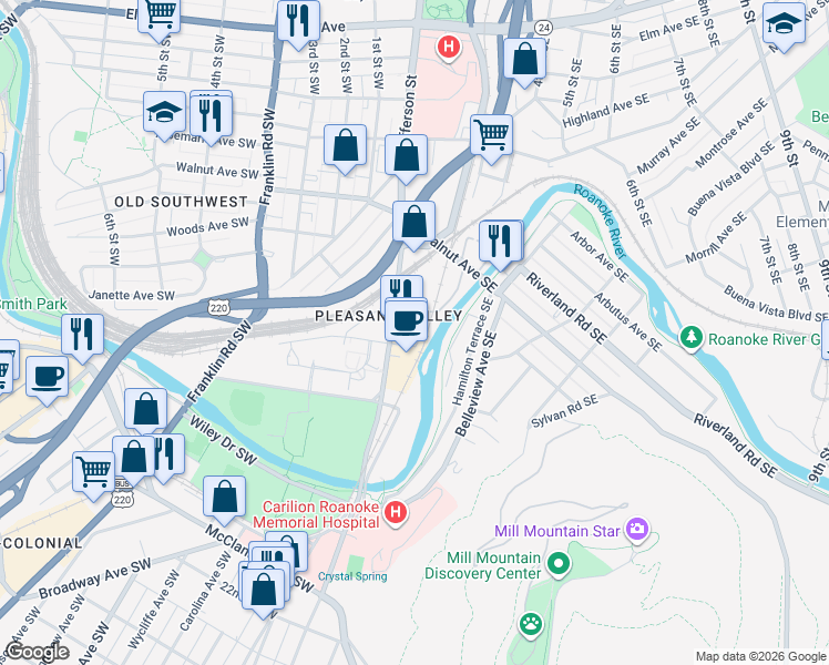 map of restaurants, bars, coffee shops, grocery stores, and more near 9 Old Whitmore Avenue in Roanoke