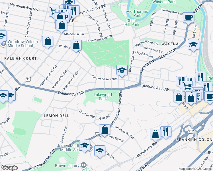 map of restaurants, bars, coffee shops, grocery stores, and more near 1928 Warrington Road Southwest in Roanoke