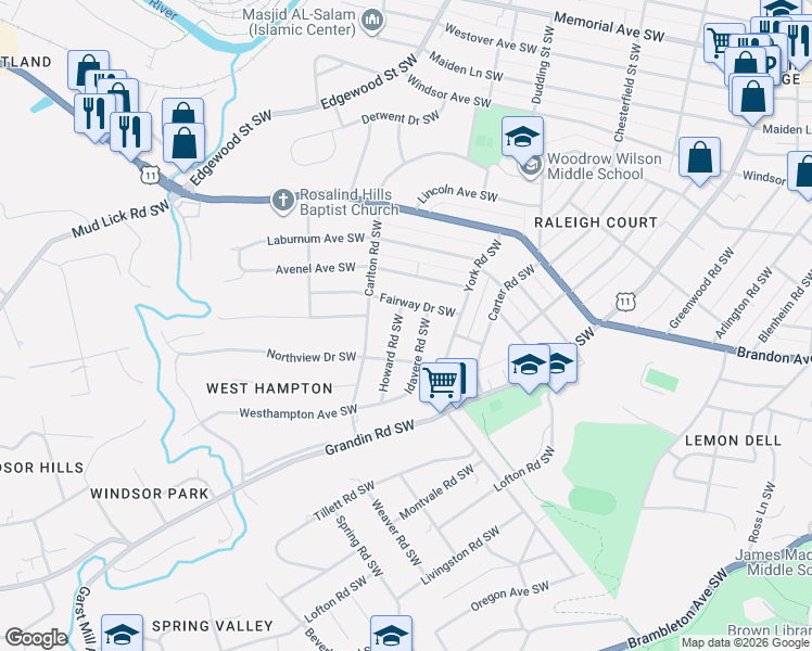 map of restaurants, bars, coffee shops, grocery stores, and more near 2333 Howard Road Southwest in Roanoke