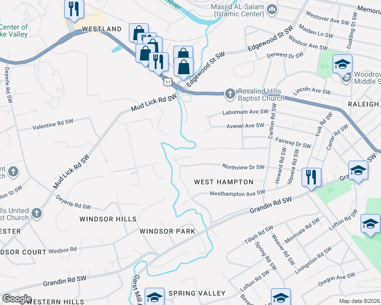 map of restaurants, bars, coffee shops, grocery stores, and more near 2800 Larkview Circle in Roanoke