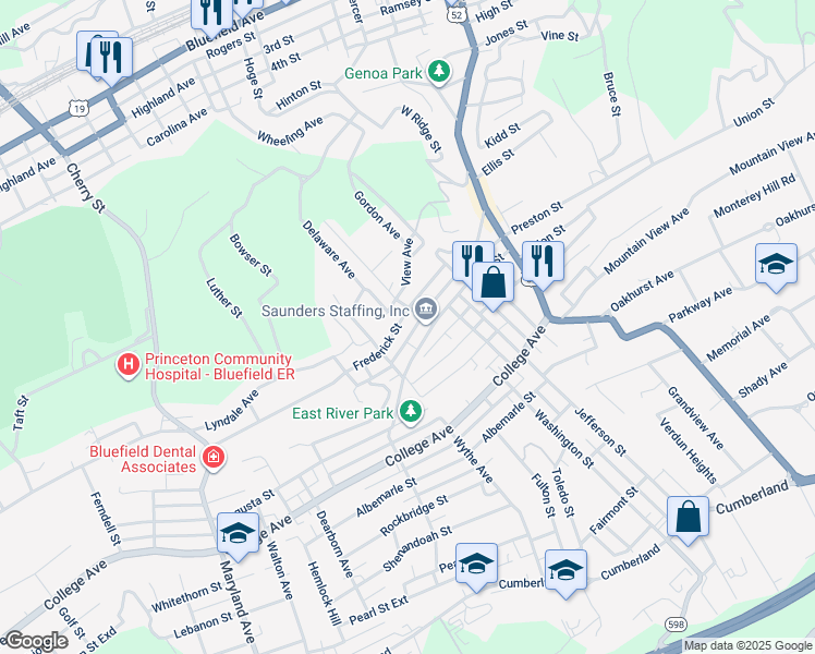 map of restaurants, bars, coffee shops, grocery stores, and more near 422 North Street in Bluefield