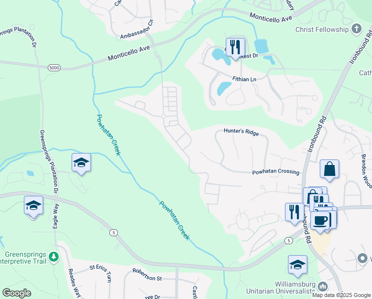 map of restaurants, bars, coffee shops, grocery stores, and more near 3642 South Square in Williamsburg