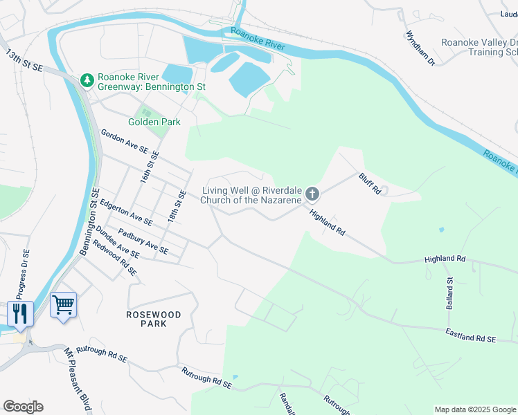 map of restaurants, bars, coffee shops, grocery stores, and more near 2102 Riverdale Road Southeast in Roanoke