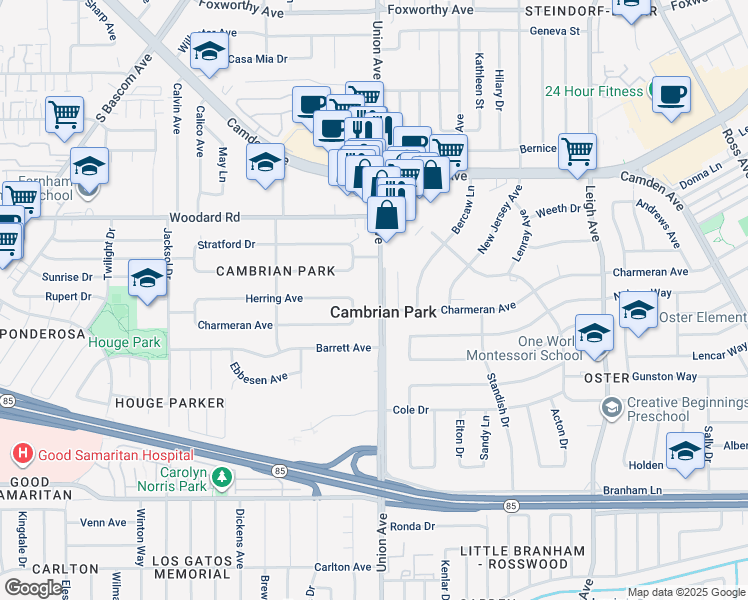 map of restaurants, bars, coffee shops, grocery stores, and more near 14541 Union Avenue in San Jose