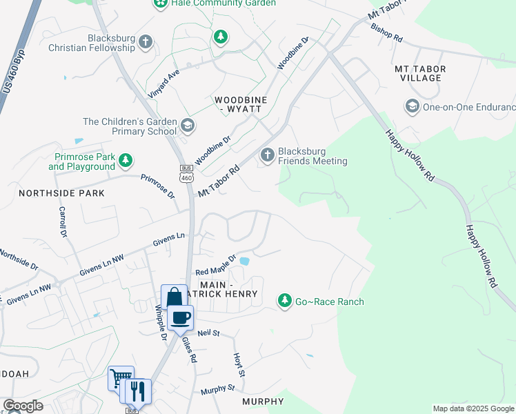 map of restaurants, bars, coffee shops, grocery stores, and more near 301 Heartwood Crossing in Blacksburg
