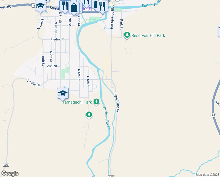 map of restaurants, bars, coffee shops, grocery stores, and more near 658 South 3rd Street in Pagosa Springs