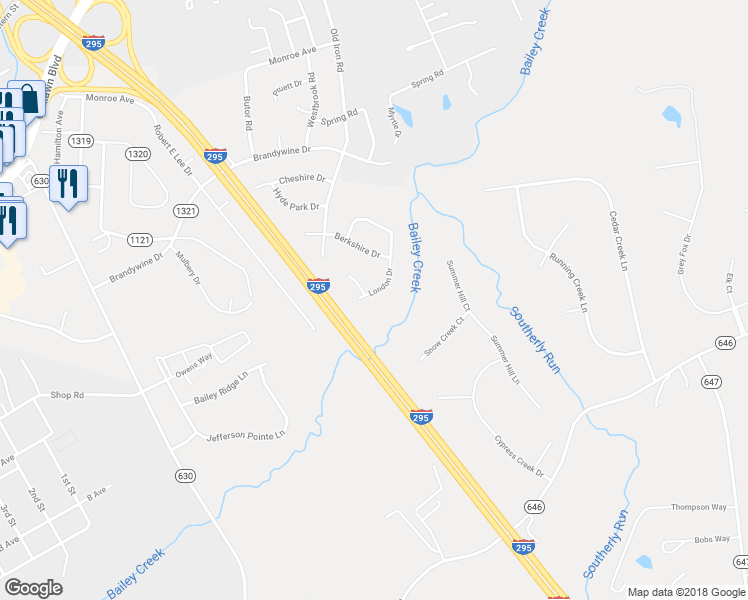 map of restaurants, bars, coffee shops, grocery stores, and more near 3901 London Drive in Hopewell